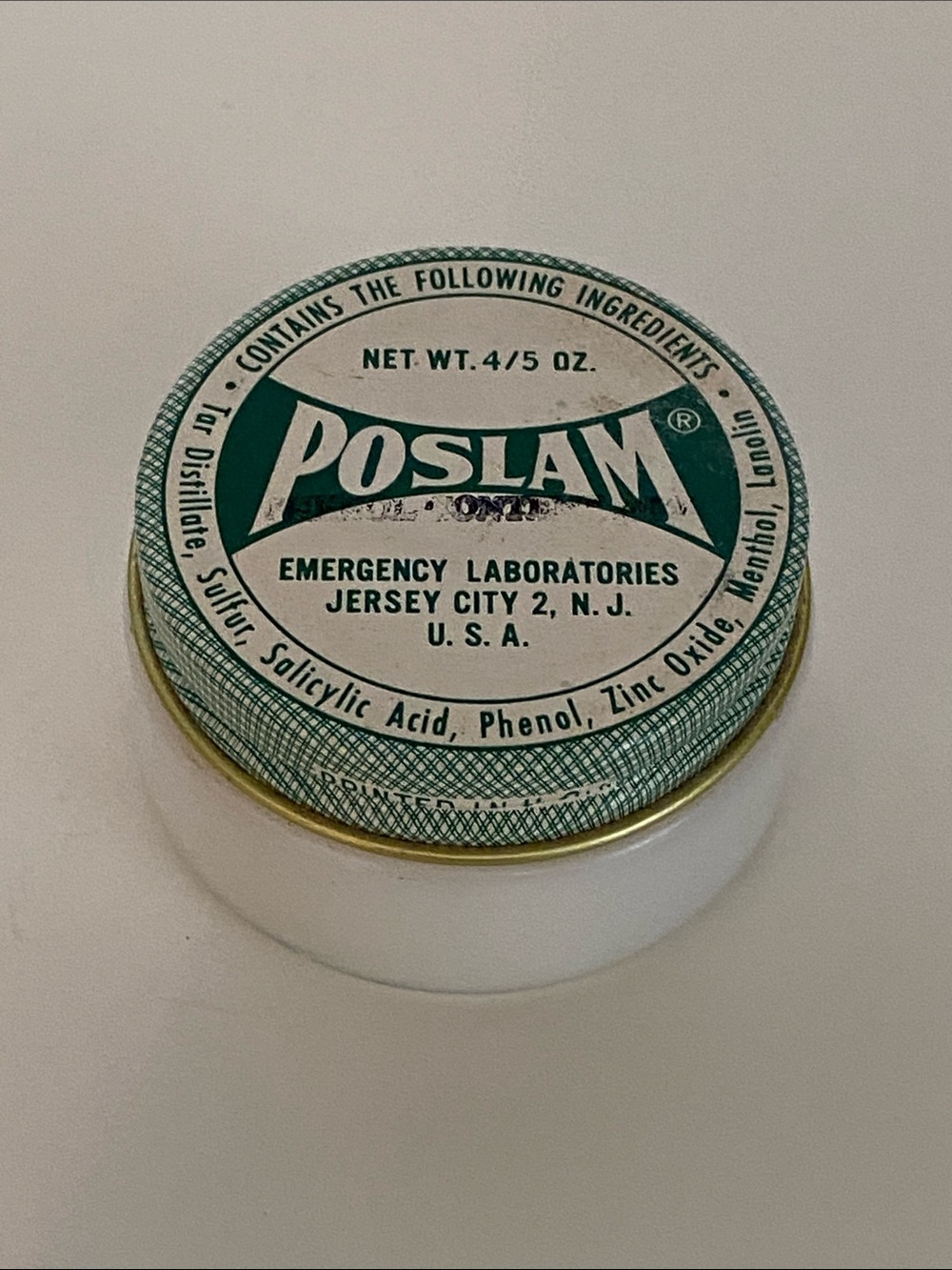 Vintage Poslam White Jar with Green and Gold Lid